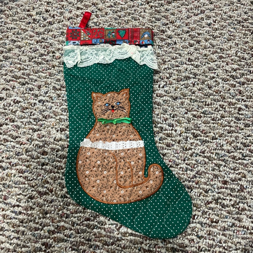 Vintage Green Polka Dot Cat Christmas Stocking